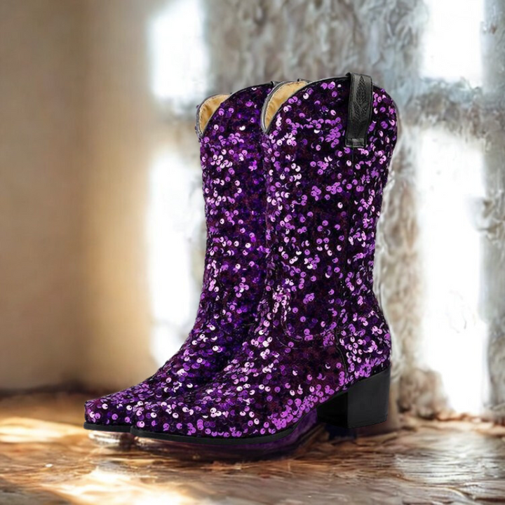 Knee High Boots | Sequin finish | Block heel