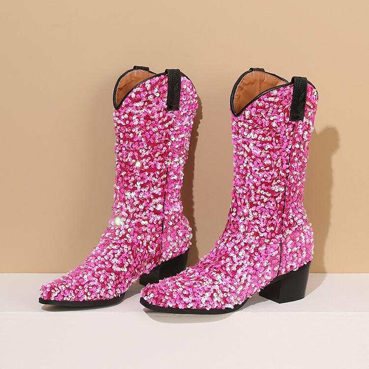 Knee High Boots | Sequin finish | Block heel