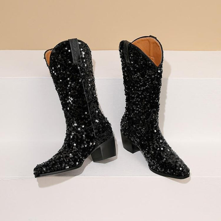 Knee High Boots | Sequin finish | Block heel