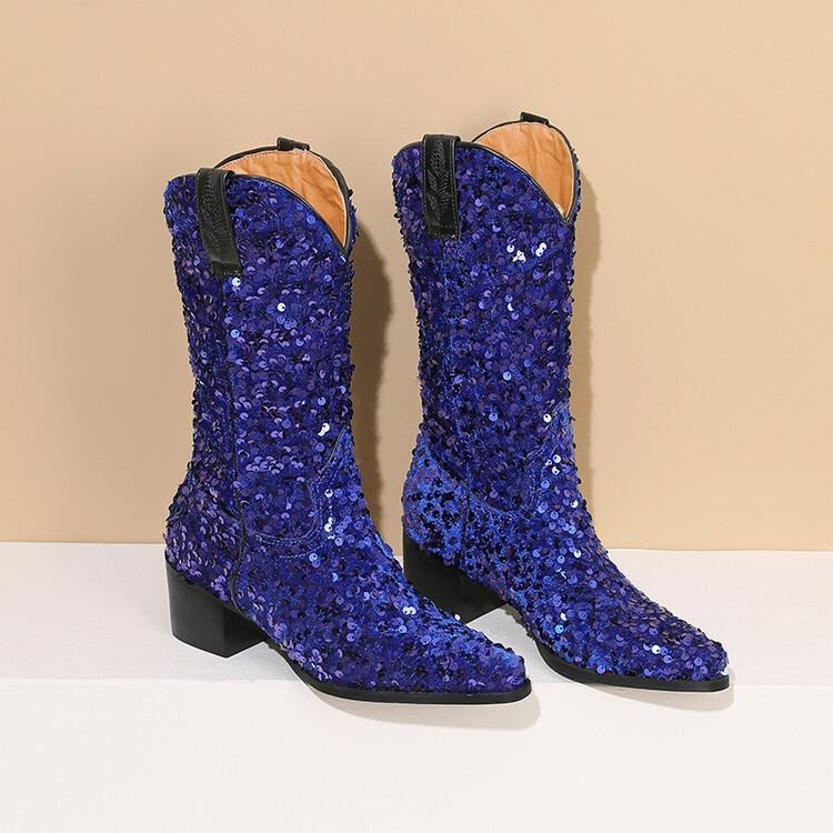Knee High Boots | Sequin finish | Block heel